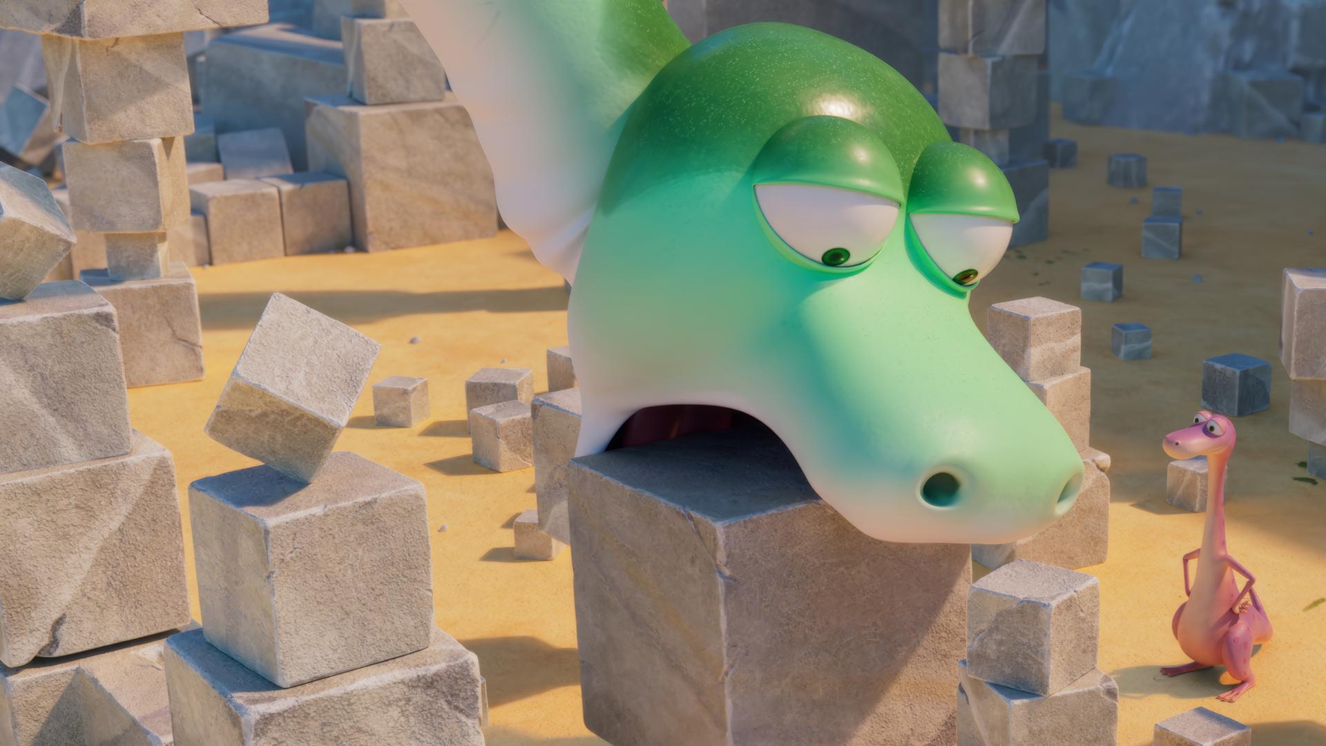 Minus Drei, der rosafarbene Dinosaurier, steht neben vielen Steinblöcken. Er schaut zu, wie ein grüner, gigantisch großer Dinosaurier mit dem Mund einen Steinblock wie ein Bagger hochhieven möchte.