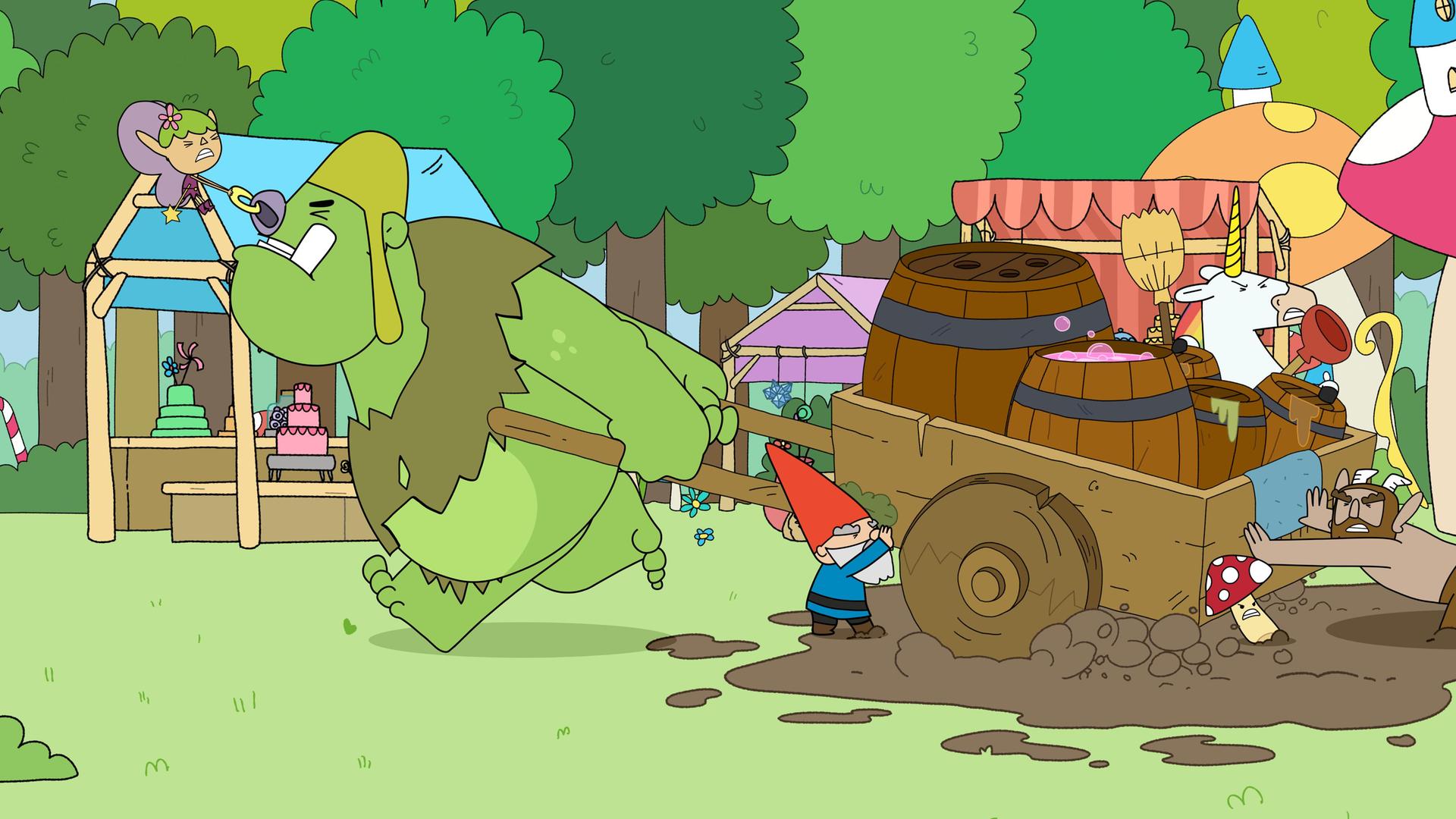 Auf einer Lichtung im Wald, auf der verschiedene Marktstände stehen, zieht ein großer grüner Oger einen Handkarren, auf dem viele Fässer stehen. Da der Karren im Matsch steckengeblieben ist, helfen die Helden: Twinkle zieht vorne am Nasenring des Ogers, Herbert und Blümchen helfen rechts und links seitlich des Karrens, Hufius und Tupfen schieben hinten.