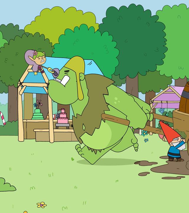 Auf einer Lichtung im Wald, auf der verschiedene Marktstände stehen, zieht ein großer grüner Oger einen Handkarren, auf dem viele Fässer stehen. Da der Karren im Matsch steckengeblieben ist, helfen die Helden: Twinkle zieht vorne am Nasenring des Ogers, Herbert und Blümchen helfen rechts und links seitlich des Karrens, Hufius und Tupfen schieben hinten.