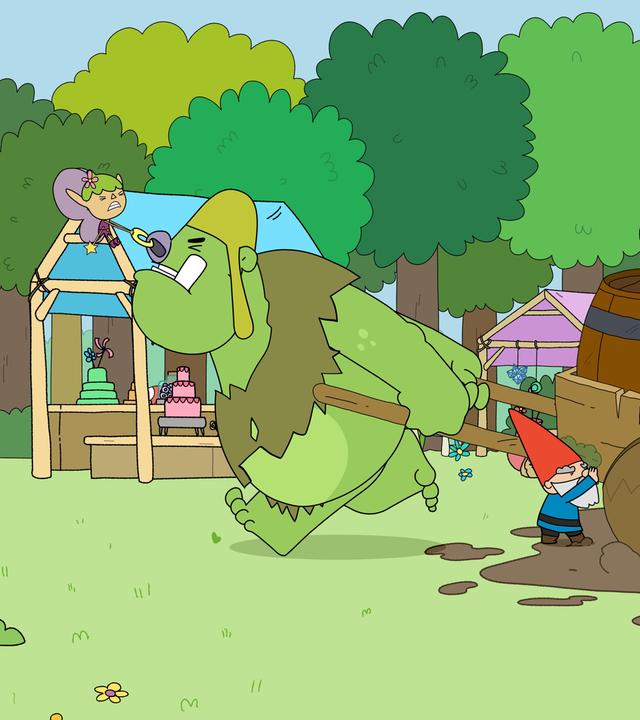 Auf einer Lichtung im Wald, auf der verschiedene Marktstände stehen, zieht ein großer grüner Oger einen Handkarren, auf dem viele Fässer stehen. Da der Karren im Matsch steckengeblieben ist, helfen die Helden: Twinkle zieht vorne am Nasenring des Ogers, Herbert und Blümchen helfen rechts und links seitlich des Karrens, Hufius und Tupfen schieben hinten.