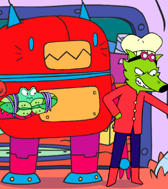 In der Fantasiewelt steht Captain Hase in der Geheimbasis von Professor Wolf. Professor Wolf steht grimmig  grinsend vor Captain Hase und hat seinen linken Arm nach ihm ausgestreckt. Hinter Professor Wolf steht Giga-Robot und hält eine Krabbe in der rechten Hand. Die Krabbe ist gefesselt.