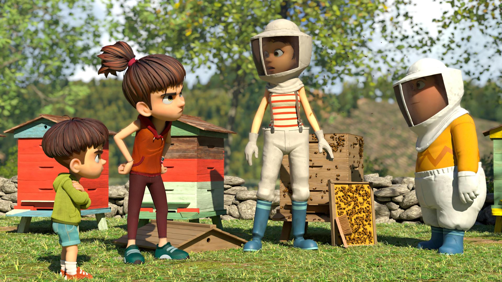 Kleiner Fuß und seine große Schwester Bohnenstange blicken zornig und eingeschnappt zu Samson. Ihre Mutter und Samson sind in voller Imkermontur und gerade mit den Bienen und deren Bienenstöcken beschäftigt. Frau Brandt blickt erstaunt auf ihre beiden Kinder. Im Hintergrund stehen vier Bienenstöcke. Aus einem haben sie eine Honigwabenplatte gezogen. Der Besen zum vorsichtigen Abkehren der Bienen steht angelehnt dagegen.