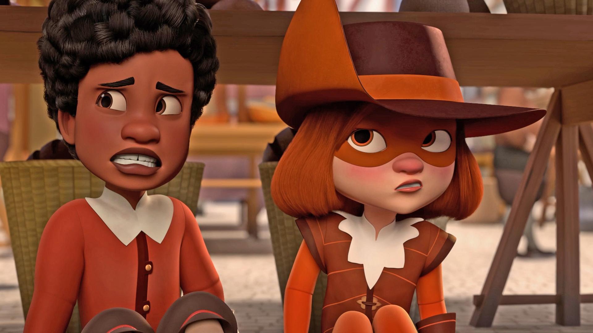 Alex und D'Artagnan sitzen in geduckter Haltung hinter zwei Körben, die unter einem Verkaufsstand aus Holz stehen. Beide blicken ängstlich und angespannt zur Seite.