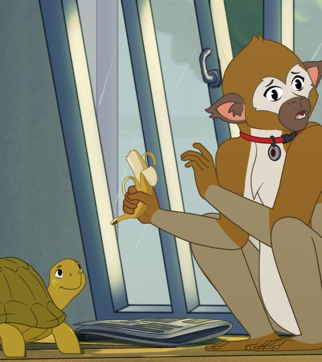 Eine kleine, grüne Schildkröte steht einem braunen Affen gegenüber, der größer ist als sie. Der Affe trägt ein rotes Halsband und hält eine Banane in der rechten Hand. Er schaut erschrocken zur Seite, während Törtel, die Schildkröte, auch in diese Richtung schaut und grinst. Neben den beiden liegt eine Zeitung. Auf der anderen Seite stehen kleine Topfpflanzen. Im Hintergrund ist ein Fenster gekippt.