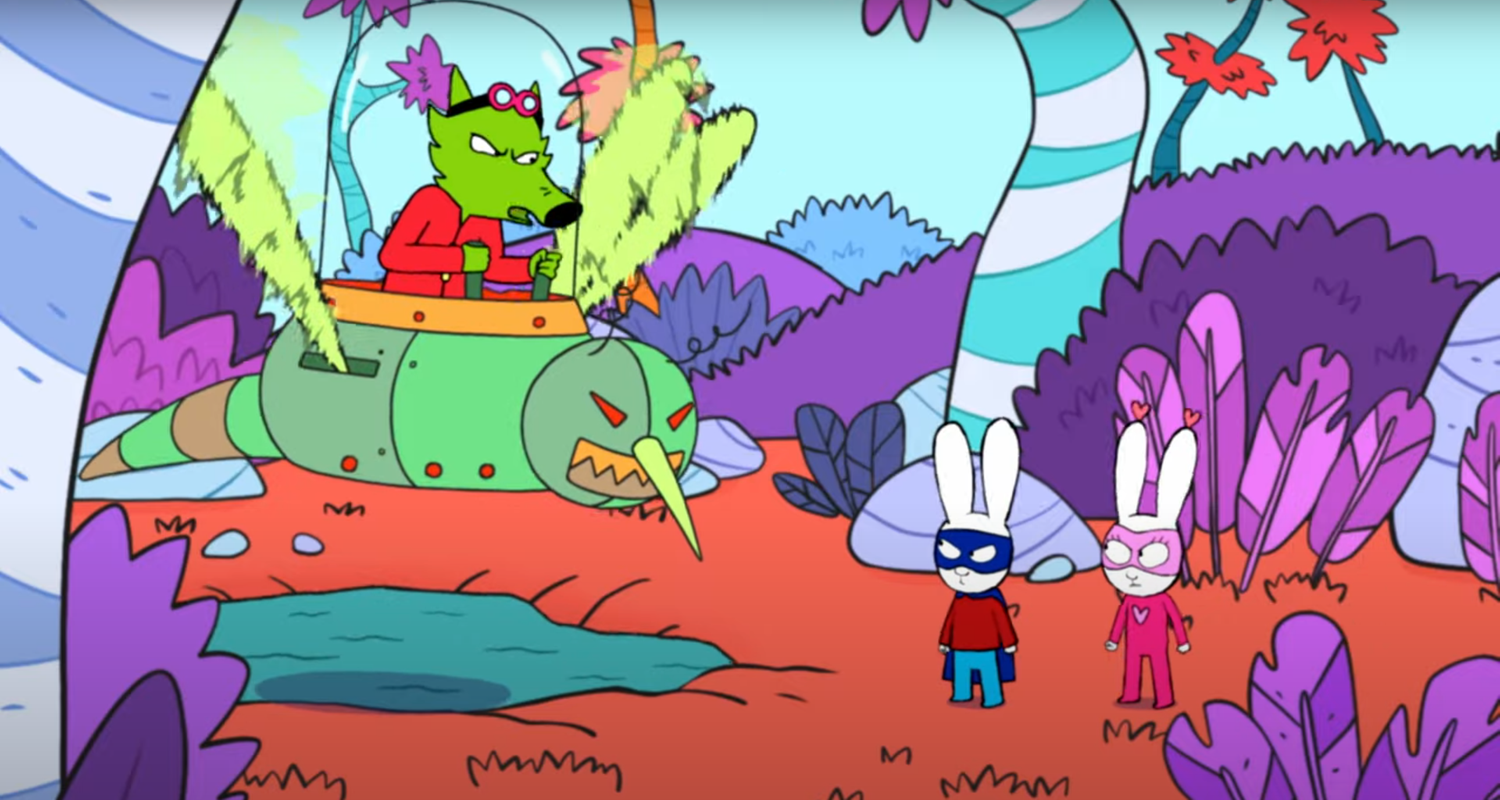 In der Fantasiewelt stehen Superhase und Super-Lou vor Professor Wolf und seinem Roboter-Moskito, der gleichzeitig ein Fluggefährt ist. Beide schauen zornig zu Professor Wolf. Professor Wolf, der schwebend in seinem Roboter-Moskito sitzt, blickt Superhase und Super-Lou wütend an.