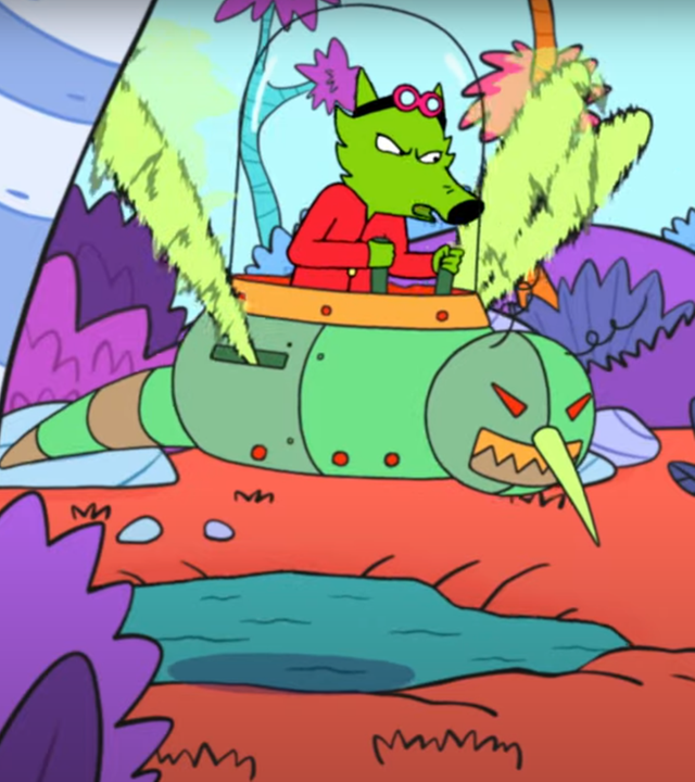 In der Fantasiewelt stehen Superhase und Super-Lou vor Professor Wolf und seinem Roboter-Moskito, der gleichzeitig ein Fluggefährt ist. Beide schauen zornig zu Professor Wolf. Professor Wolf, der schwebend in seinem Roboter-Moskito sitzt, blickt Superhase und Super-Lou wütend an.