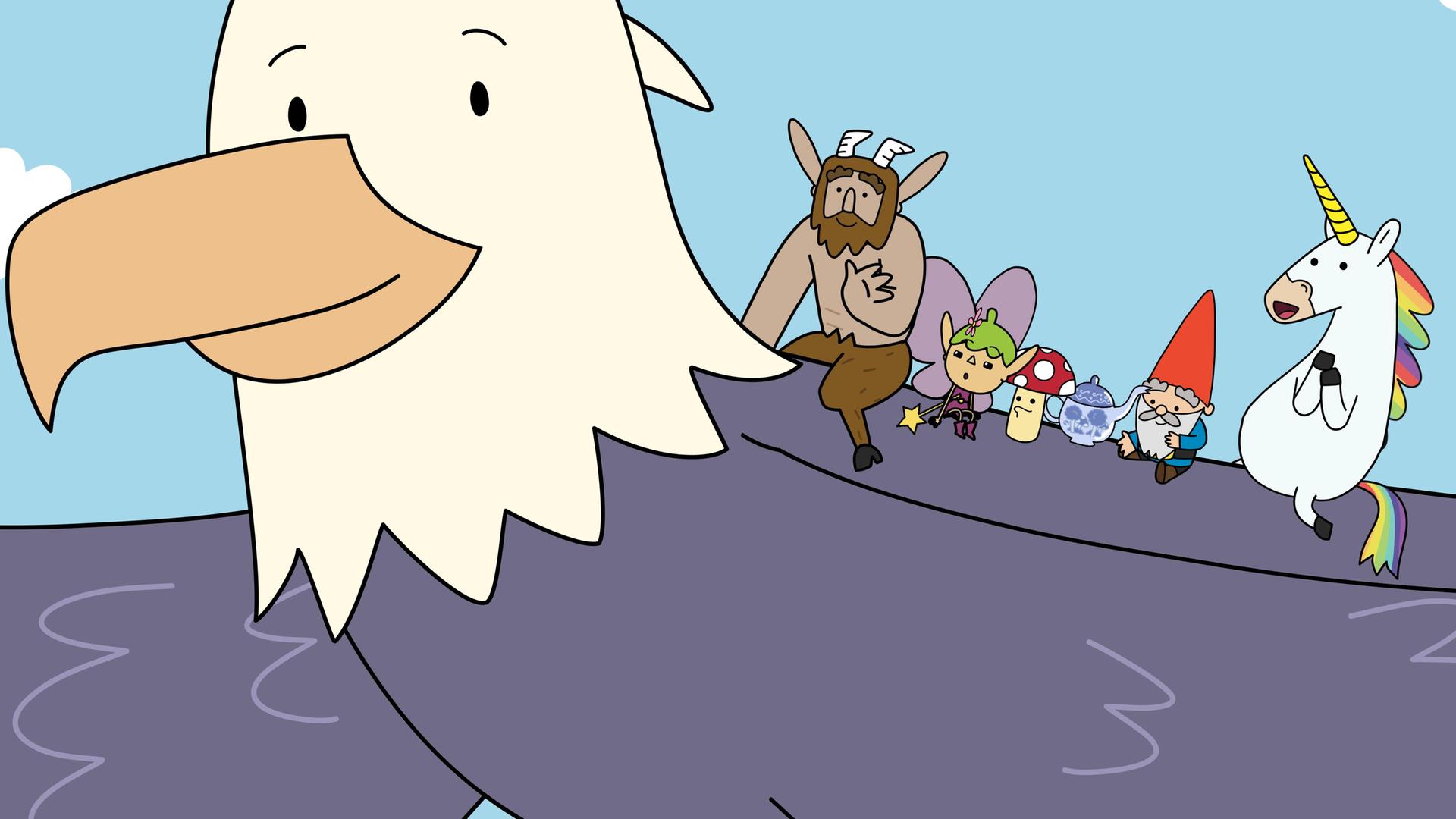 Eine Nahaufnahme zeigt im Anschnitt den großen, fliegenden Adler Kreisch. Auf seinem Rücken sitzen die fünf Helden Hufius, Twinkle, Tupfen, Herbert und Blümchen. Zwischen dem Pilz Tupfen und dem Zwerg Herbert steht eine Teekanne aus Porzellan. Die fünf Freunde blicken freudig nach unten, dabei winkt Hufius jemandem zu.