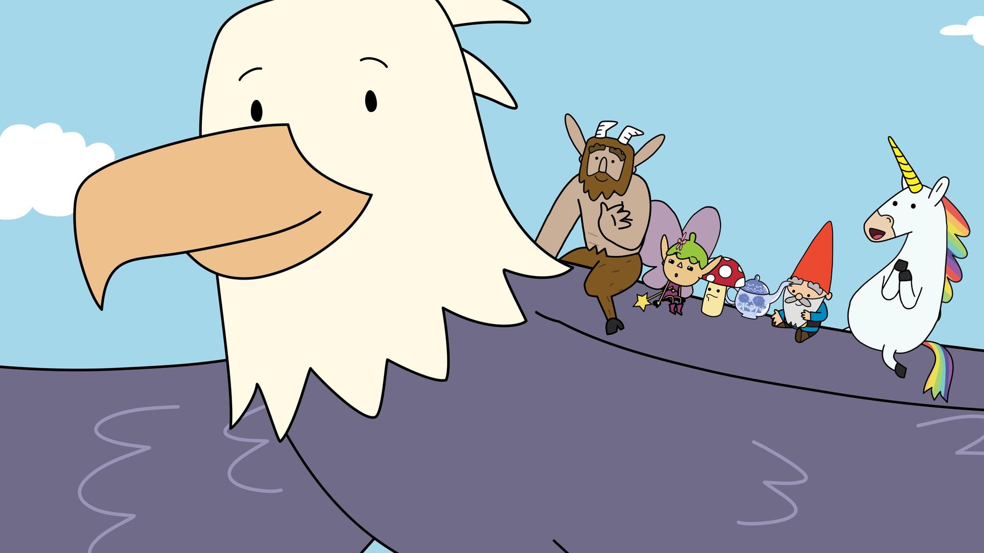 Eine Nahaufnahme zeigt im Anschnitt den großen, fliegenden Adler Kreisch. Auf seinem Rücken sitzen die fünf Helden Hufius, Twinkle, Tupfen, Herbert und Blümchen. Zwischen dem Pilz Tupfen und dem Zwerg Herbert steht eine Teekanne aus Porzellan. Die fünf Freunde blicken freudig nach unten, dabei winkt Hufius jemandem zu.