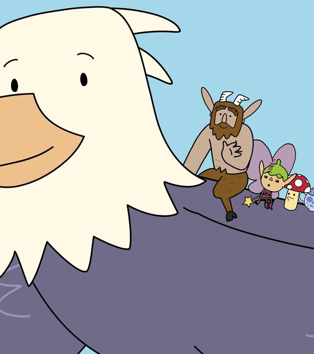 Eine Nahaufnahme zeigt im Anschnitt den großen, fliegenden Adler Kreisch. Auf seinem Rücken sitzen die fünf Helden Hufius, Twinkle, Tupfen, Herbert und Blümchen. Zwischen dem Pilz Tupfen und dem Zwerg Herbert steht eine Teekanne aus Porzellan. Die fünf Freunde blicken freudig nach unten, dabei winkt Hufius jemandem zu.