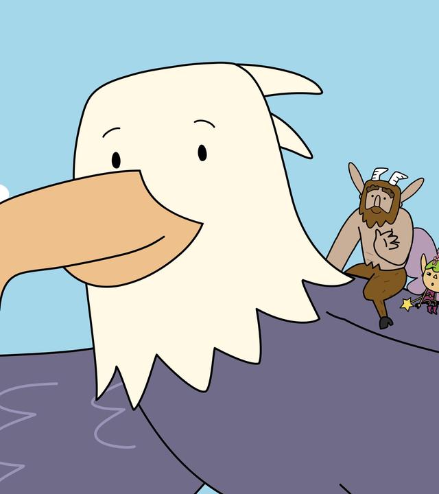 Eine Nahaufnahme zeigt im Anschnitt den großen, fliegenden Adler Kreisch. Auf seinem Rücken sitzen die fünf Helden Hufius, Twinkle, Tupfen, Herbert und Blümchen. Zwischen dem Pilz Tupfen und dem Zwerg Herbert steht eine Teekanne aus Porzellan. Die fünf Freunde blicken freudig nach unten, dabei winkt Hufius jemandem zu.