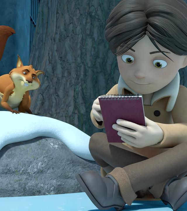 Klincus sitzt im Schneidersitz vor einem Baum auf einer verschneiten Fläche und hält einen kleinen Block in seinen Händen. Mit konzentriertem Blick und leicht lächelnd notiert er dort etwas mit seiner rechten Hand. Rechts über ihm befinden sich Yuki und Glyn und links über ihm Eichhörnchen Ryllo. Alle schauen neugierig darauf, was Klincus auf den Block notiert. Im Hintergrund stehen mit Schnee bedeckte Tannen.