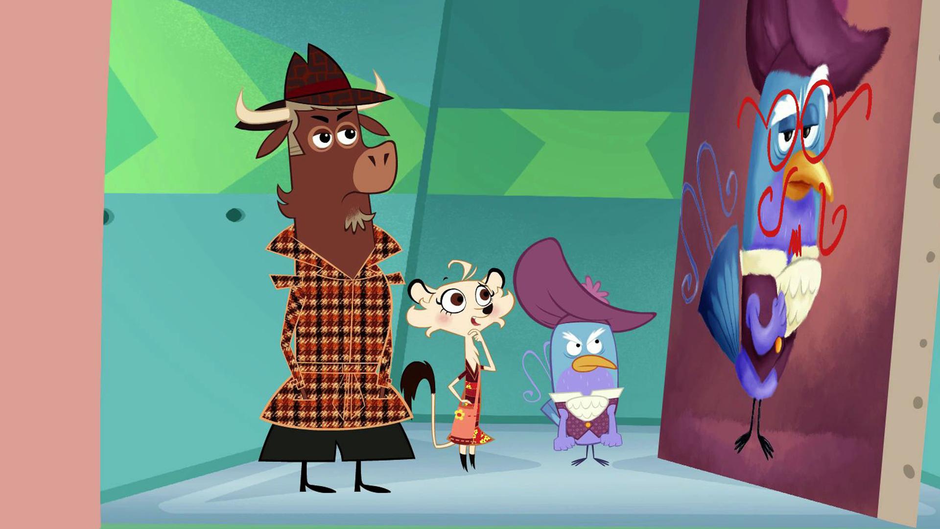 Sherlock Yack und Hermione schauen sich das beschmierte Kunstwerk des Paradiesvogels an. Der Paradiesvogel ist gar nicht begeistert und blickt wütend und erwartunsgvoll auf das Gemälde.