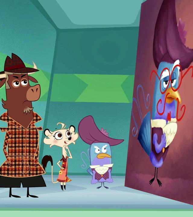 Sherlock Yack und Hermione schauen sich das beschmierte Kunstwerk des Paradiesvogels an. Der Paradiesvogel ist gar nicht begeistert und blickt wütend und erwartunsgvoll auf das Gemälde.