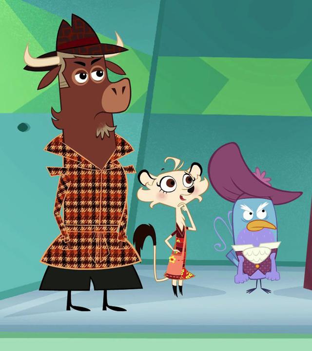 Sherlock Yack und Hermione schauen sich das beschmierte Kunstwerk des Paradiesvogels an. Der Paradiesvogel ist gar nicht begeistert und blickt wütend und erwartunsgvoll auf das Gemälde.