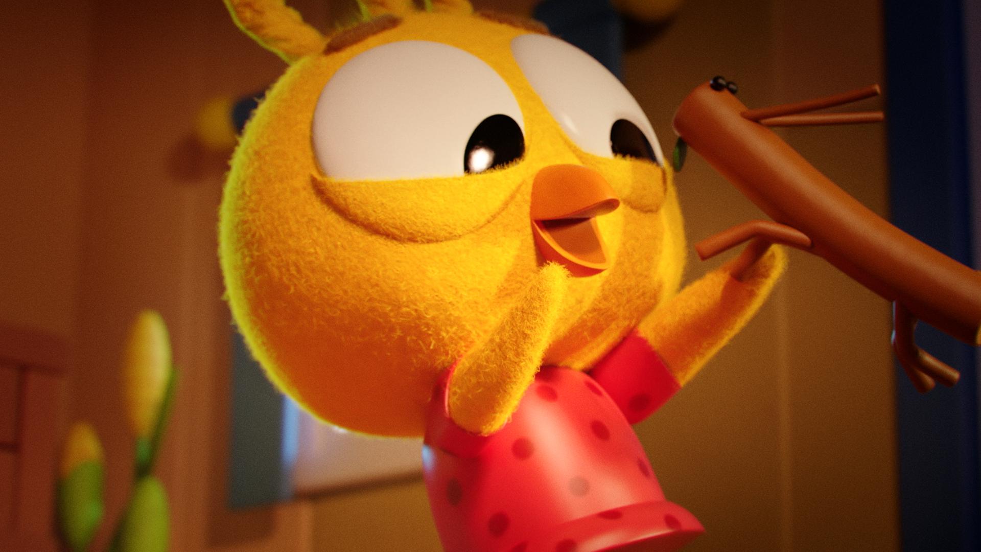 Das Küken Karla steht in ihrem Kinderzimmer und schwingt beide Flügel fröhlich in die Luft. Ihr Schnabel ist geöffnet. Rechts neben ihr wirbelt die Stabheuschrecke genannt Stöckchen in der Luft. Die Stabheuschrecke hat die Form eines Stocks.