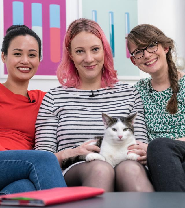 Die drei Princesses sitzen gemeinsam auf dem Sofa, Johanna (mi.) hat Studiokater Emil auf dem Schoß.