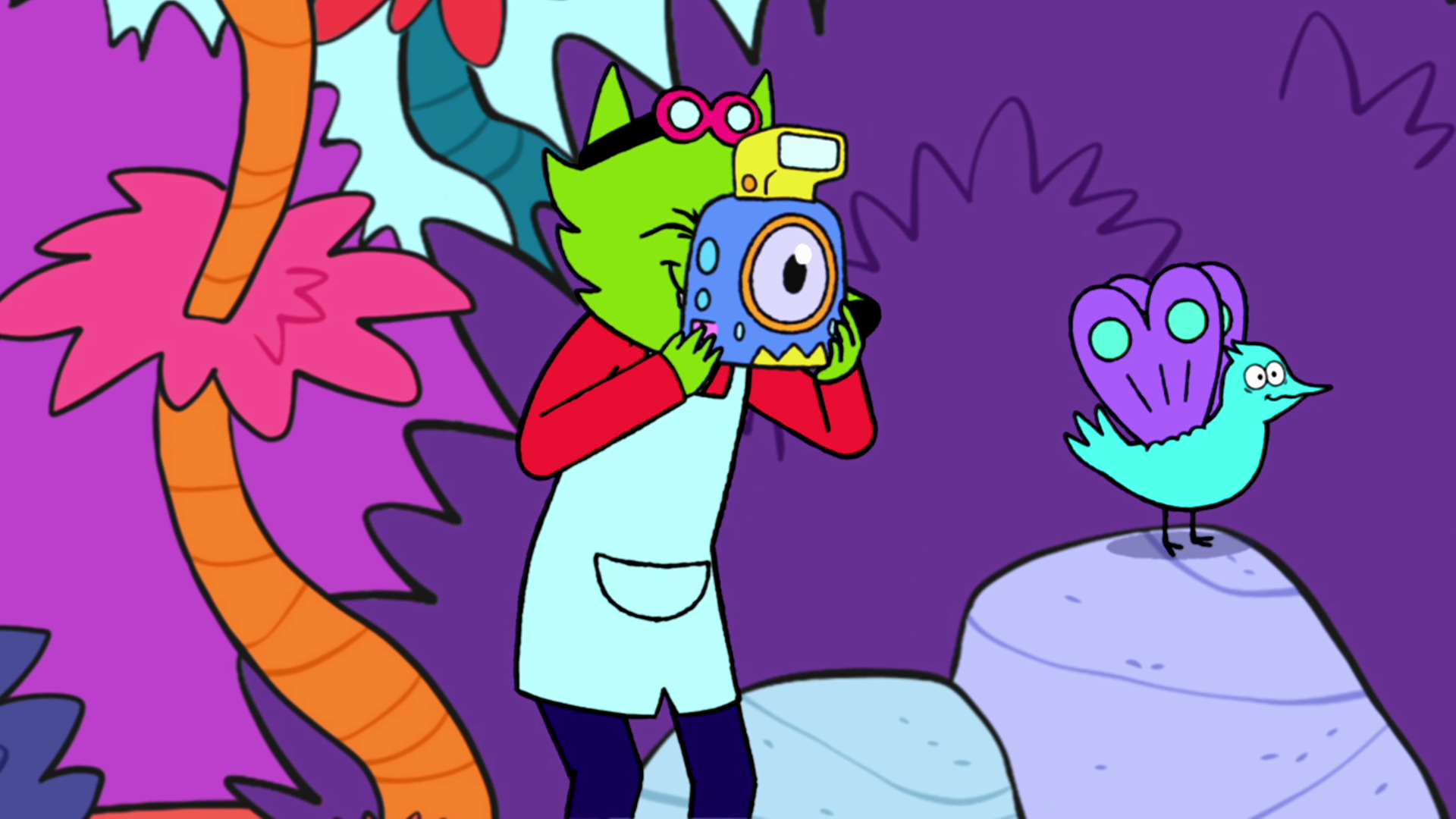 In der Fantasiewelt hält Professor Wolf seinen Gefrierblitz-Fotoapparat in den Händen. Er blickt mit einem Auge durch die Linse und schaut sich einen Vogel an. Der Vogel sitzt mit starrem Blick auf einem Felsen.