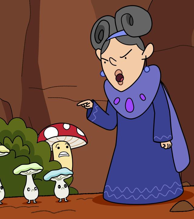 Vor einer Felswand stehen Blümchen und Tupfen hinter einem Busch und schauen entsetzt zu Lady Tamara, die energisch mit bösem Gesicht und erhobenem Zeigefinger zu einer Gruppe winzig-kleiner Pilze spricht.