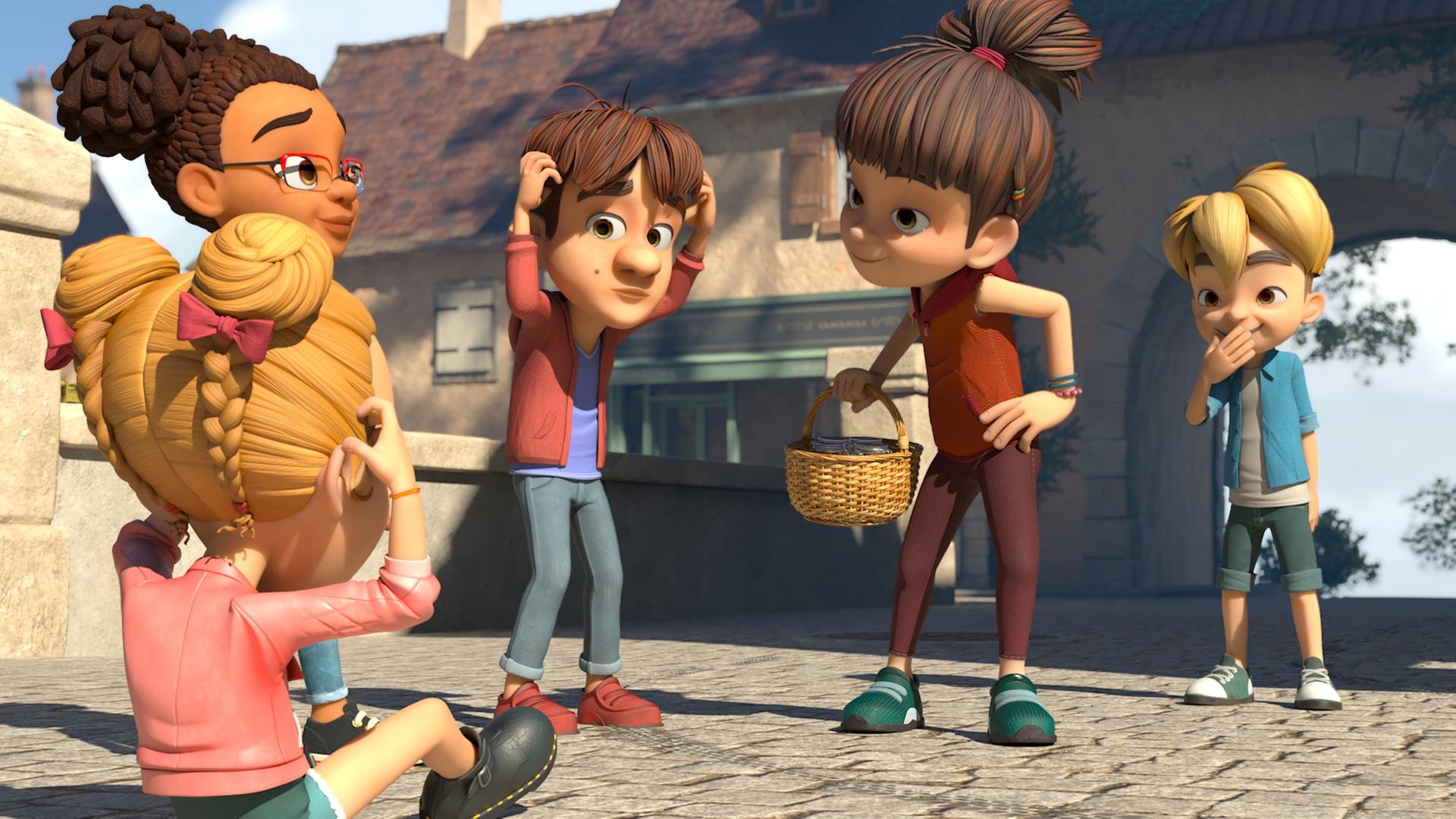 Bohnenstange blickt wissend und schadenfroh auf Marie. Diese sitzt vor ihr auf dem Boden und kratzt sich mit beiden Händen am Kopf. Auch Hase, ein Junge aus Maries Bande, steht neben Bohnenstange. Er blickt ebenfalls zu Marie und kratzt sich am Kopf. Raphael, der hinter Bohnenstange steht, versucht sein Lachen hinter seiner Hand zu verstecken. Lina steht bei der Gruppe und lächelnd wissend.