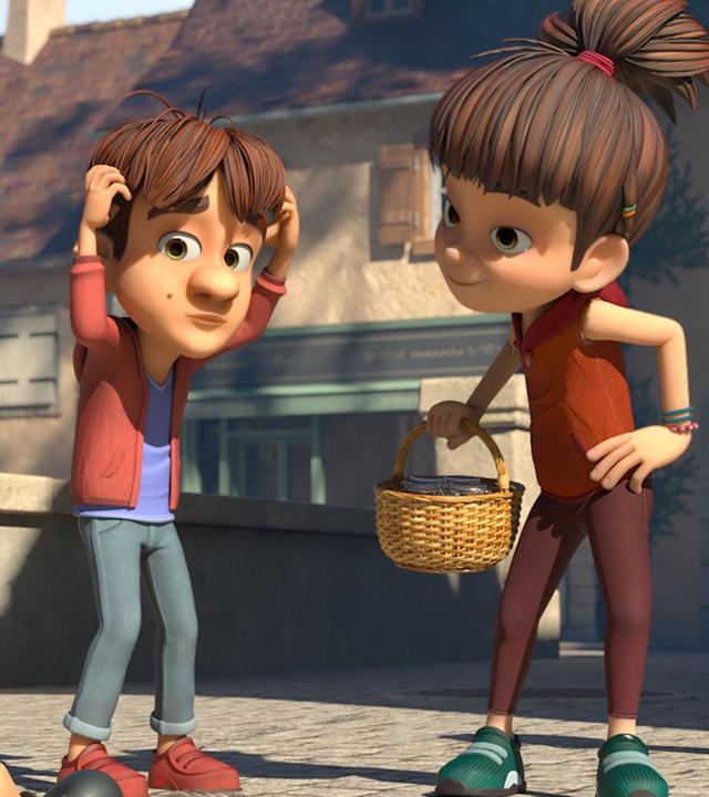 Bohnenstange blickt wissend und schadenfroh auf Marie. Diese sitzt vor ihr auf dem Boden und kratzt sich mit beiden Händen am Kopf. Auch Hase, ein Junge aus Maries Bande, steht neben Bohnenstange. Er blickt ebenfalls zu Marie und kratzt sich am Kopf. Raphael, der hinter Bohnenstange steht, versucht sein Lachen hinter seiner Hand zu verstecken. Lina steht bei der Gruppe und lächelnd wissend.