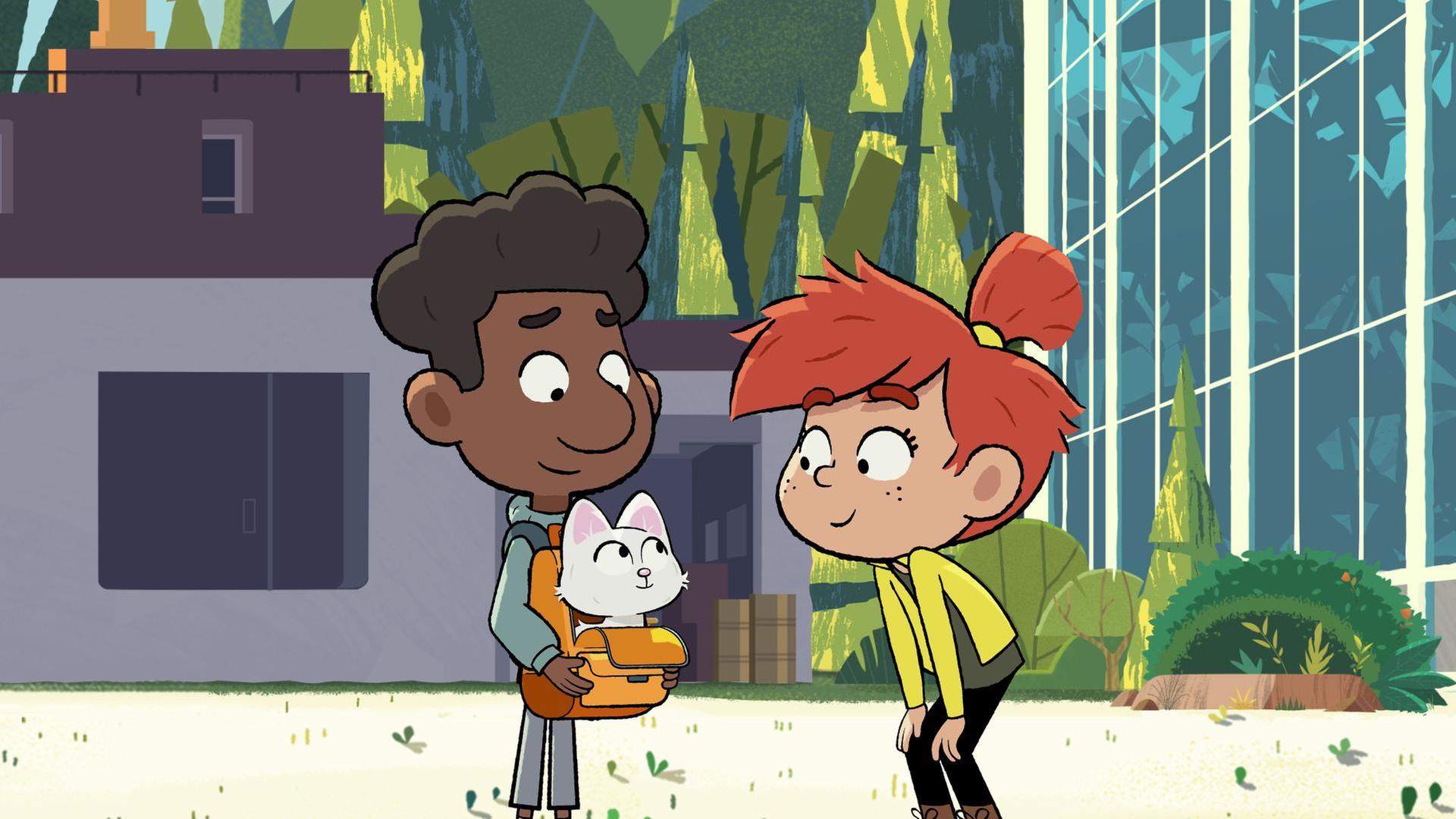 Taylor schaut liebevoll zu einem jungen Kätzchen, welches Tommy in einer Tasche vor seinem Bauch trägt.