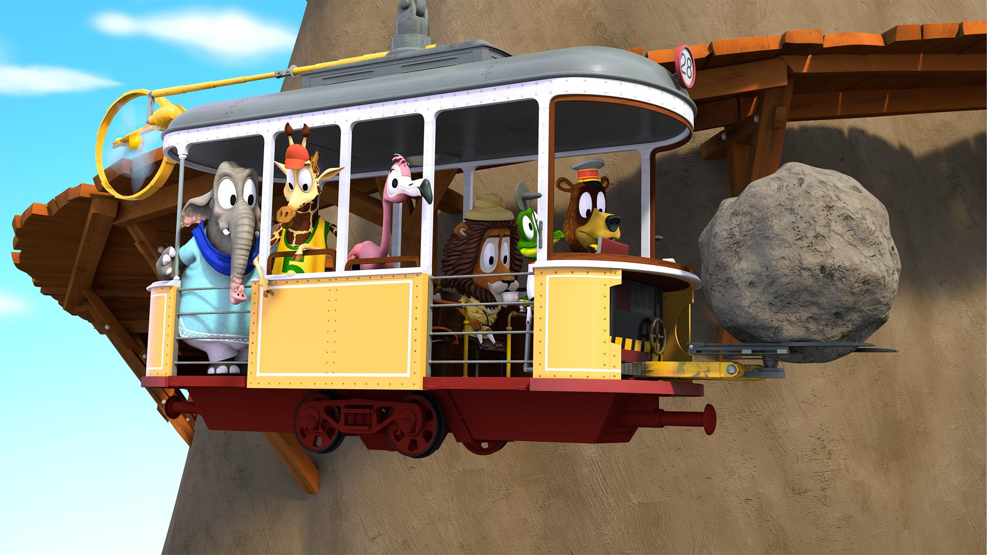 Die Zoobande sitzt in ihrer Bahn, mit welcher sie einen riesigen Felsbrocken aus dem Weg schaffen.