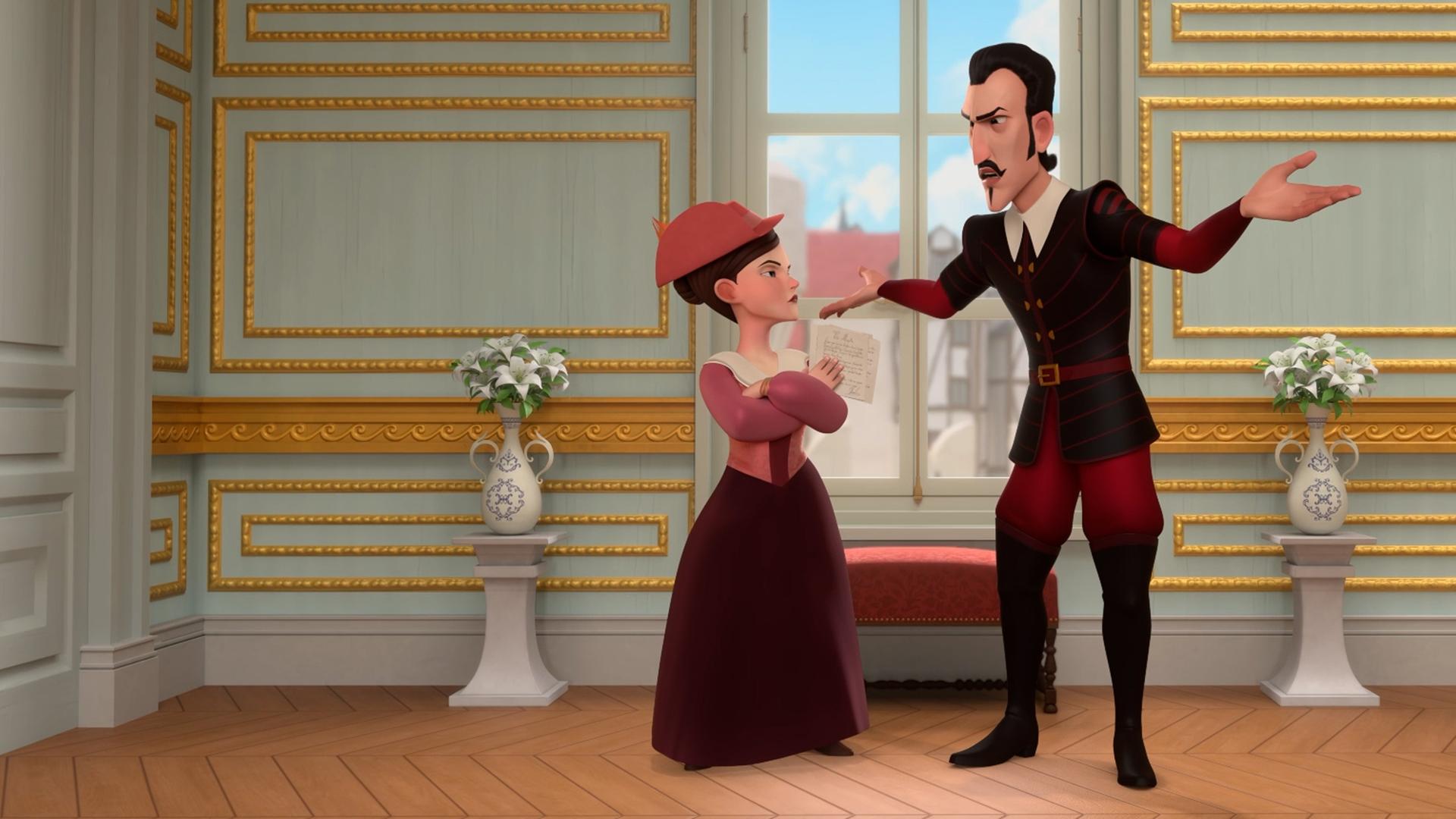 In den Sälen des Hofes: Gräfin Cancoillotte steht mit vor der Brust gekreuzten Armen neben Richelieu und schaut ihn böse an. Dieser steht breitbeinig und mit ausgestreckten Armen da und schaut erklärend zur Gräfin. Im Hintergrund ist der blaue Himmel durch ein Fenster zu sehen sowie eine kleine rote Bank vor dem Fenster und rechts und links daneben zwei kleine Säulen auf denen jeweils eine Vase mit Blumen steht.