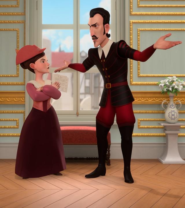 In den Sälen des Hofes: Gräfin Cancoillotte steht mit vor der Brust gekreuzten Armen neben Richelieu und schaut ihn böse an. Dieser steht breitbeinig und mit ausgestreckten Armen da und schaut erklärend zur Gräfin. Im Hintergrund ist der blaue Himmel durch ein Fenster zu sehen sowie eine kleine rote Bank vor dem Fenster und rechts und links daneben zwei kleine Säulen auf denen jeweils eine Vase mit Blumen steht.