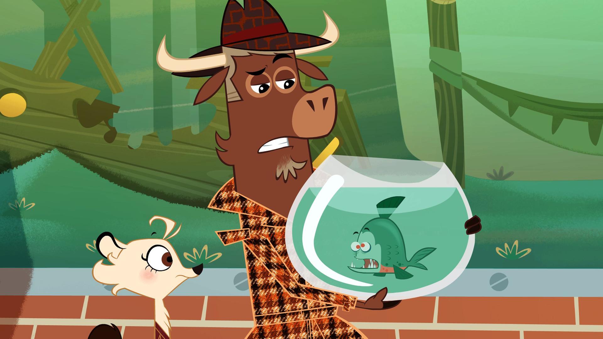 Sherlock Yack hält ein rundes Glas fest. Er runzelt die Stirn. In dem Glas schwimmt der geschockte Piranha. Hermione steht links daneben und blickt besorgt in das Glas.