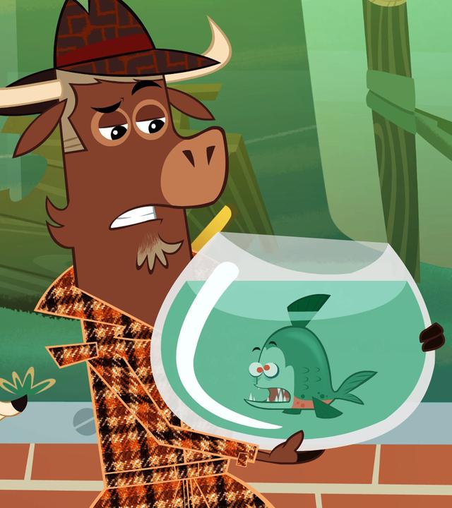 Sherlock Yack hält ein rundes Glas fest. Er runzelt die Stirn. In dem Glas schwimmt der geschockte Piranha. Hermione steht links daneben und blickt besorgt in das Glas.