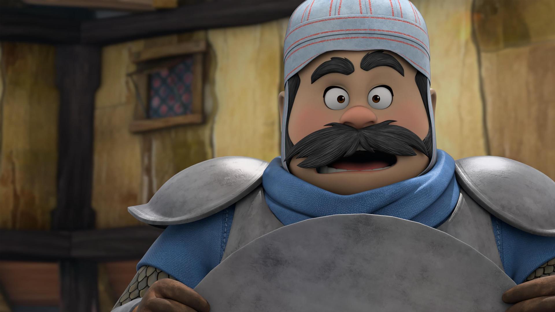 Vor einem Gebäude im Dorf: Der Sheriff, dessen Kopf umwickelt ist von Tüchern, blickt sichtlich erschrocken. Sein Mund und seine Augen sind vor Schreck weit aufgerissen. Seinen Sheriffhut hält er vor seinen Körper.