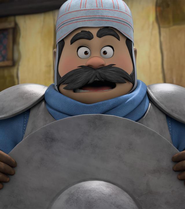 Vor einem Gebäude im Dorf: Der Sheriff, dessen Kopf umwickelt ist von Tüchern, blickt sichtlich erschrocken. Sein Mund und seine Augen sind vor Schreck weit aufgerissen. Seinen Sheriffhut hält er vor seinen Körper.