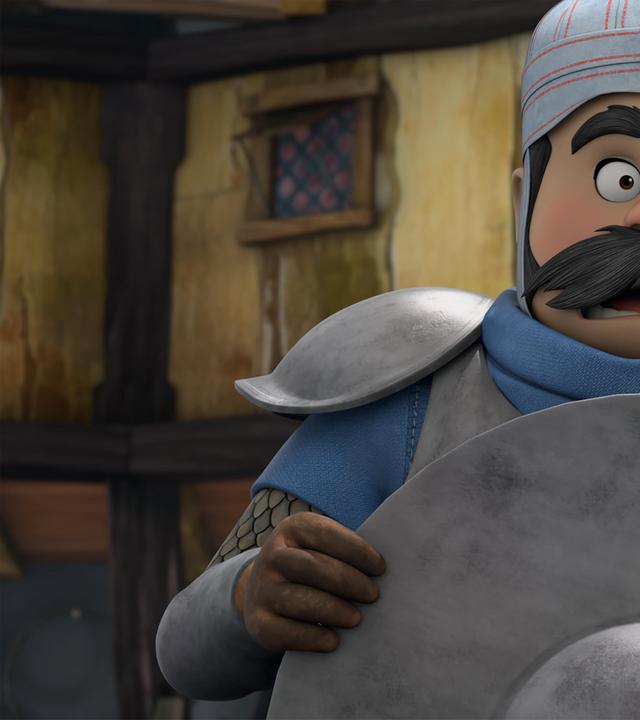 Vor einem Gebäude im Dorf: Der Sheriff, dessen Kopf umwickelt ist von Tüchern, blickt sichtlich erschrocken. Sein Mund und seine Augen sind vor Schreck weit aufgerissen. Seinen Sheriffhut hält er vor seinen Körper.