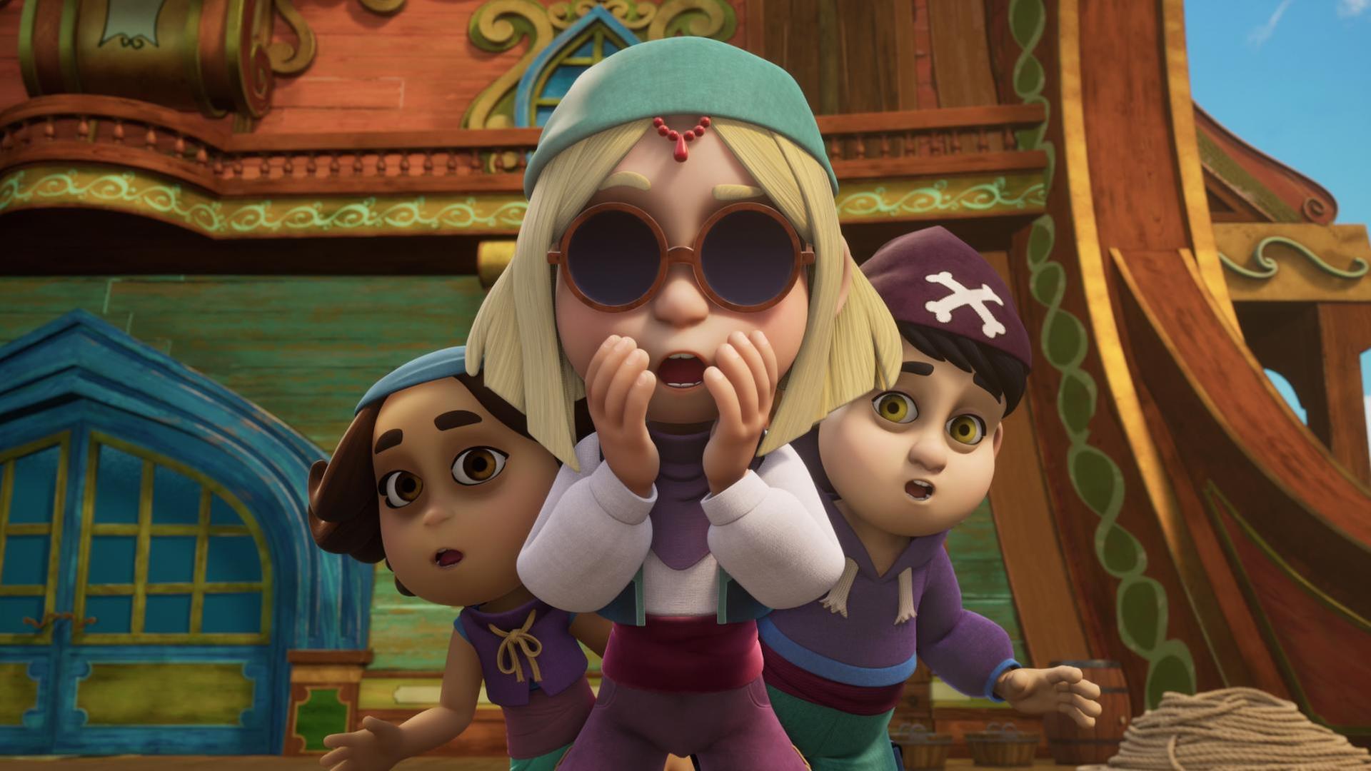 Wie versteinert und mit großen Augen stehen drei Schüler der Piraten-Academy an Deck.