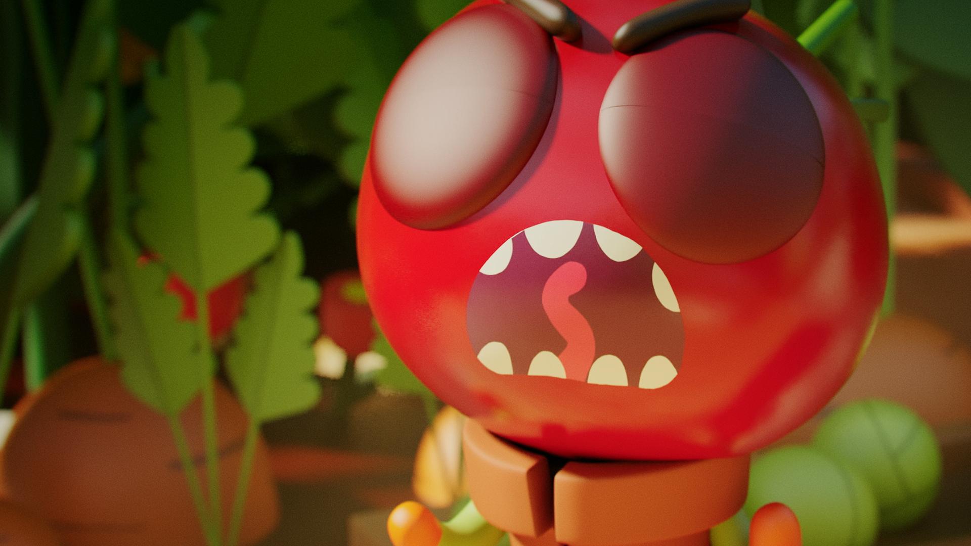 Tomaten-Junge Heinz befindet sich in der Mitte eines Gemüsebeetes. Seine Augen sind geschlossen, der Mund weit geöffnet, er schreit. Der Gesichtsausdruck ist wütend. Um ihn herum wachsen zahlreiche Kohlköpfe und andere Pflanzen auf dem Boden.