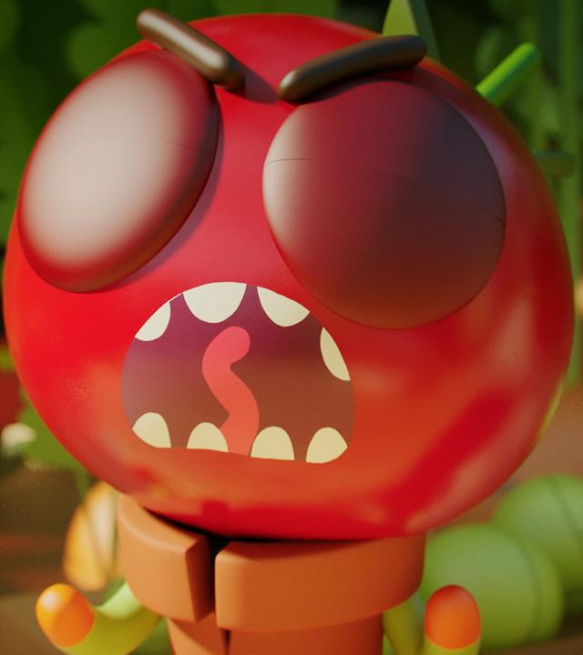 Tomaten-Junge Heinz befindet sich in der Mitte eines Gemüsebeetes. Seine Augen sind geschlossen, der Mund weit geöffnet, er schreit. Der Gesichtsausdruck ist wütend. Um ihn herum wachsen zahlreiche Kohlköpfe und andere Pflanzen auf dem Boden.