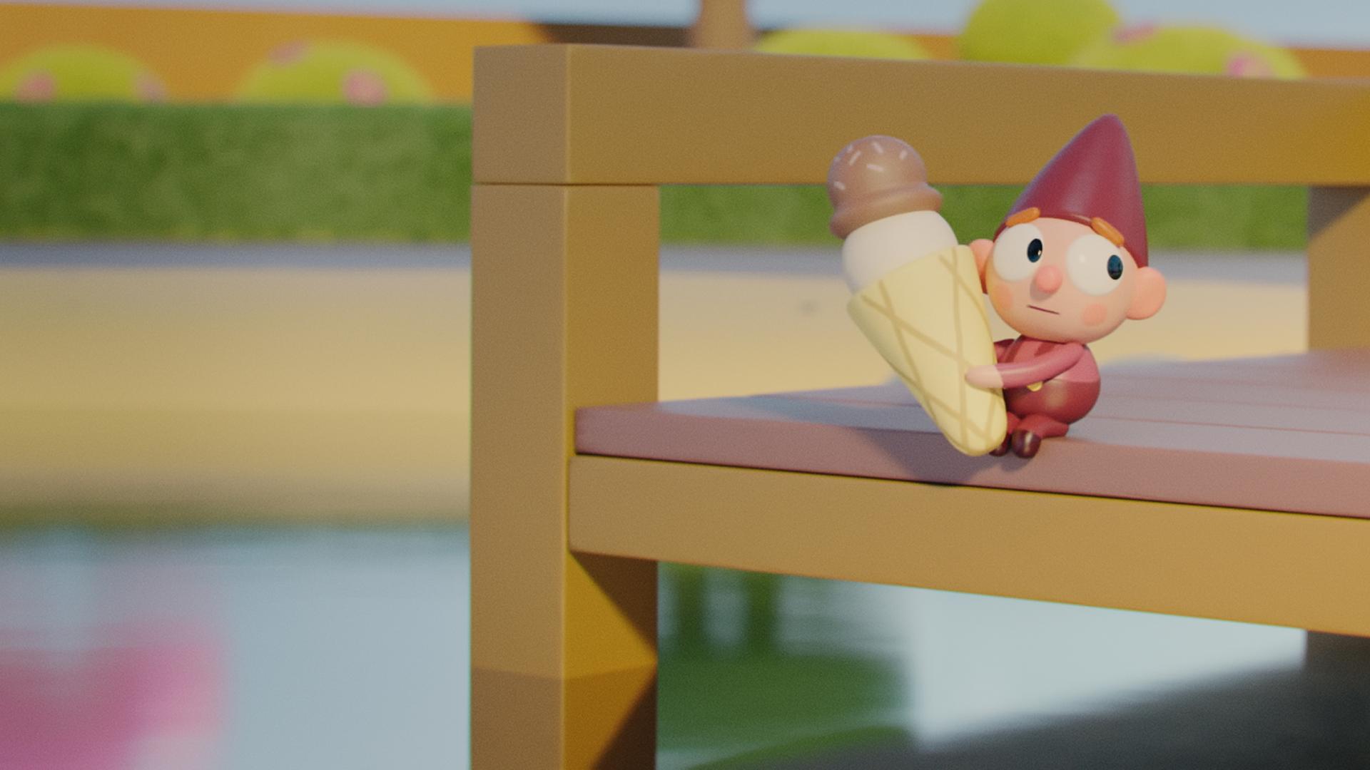 Wichtel Bob sitzt allein auf einem Holzsteg. In den Händen hält er eine Waffel mit zwei Kugeln Eis. Sein Blick geht nach links. Unter dem Steg befindet sich Wasser.