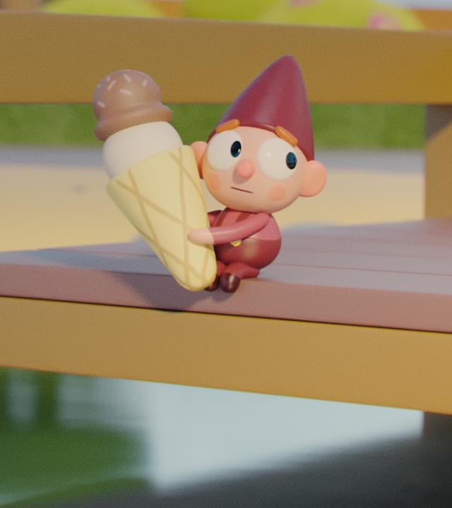 Wichtel Bob sitzt allein auf einem Holzsteg. In den Händen hält er eine Waffel mit zwei Kugeln Eis. Sein Blick geht nach links. Unter dem Steg befindet sich Wasser.