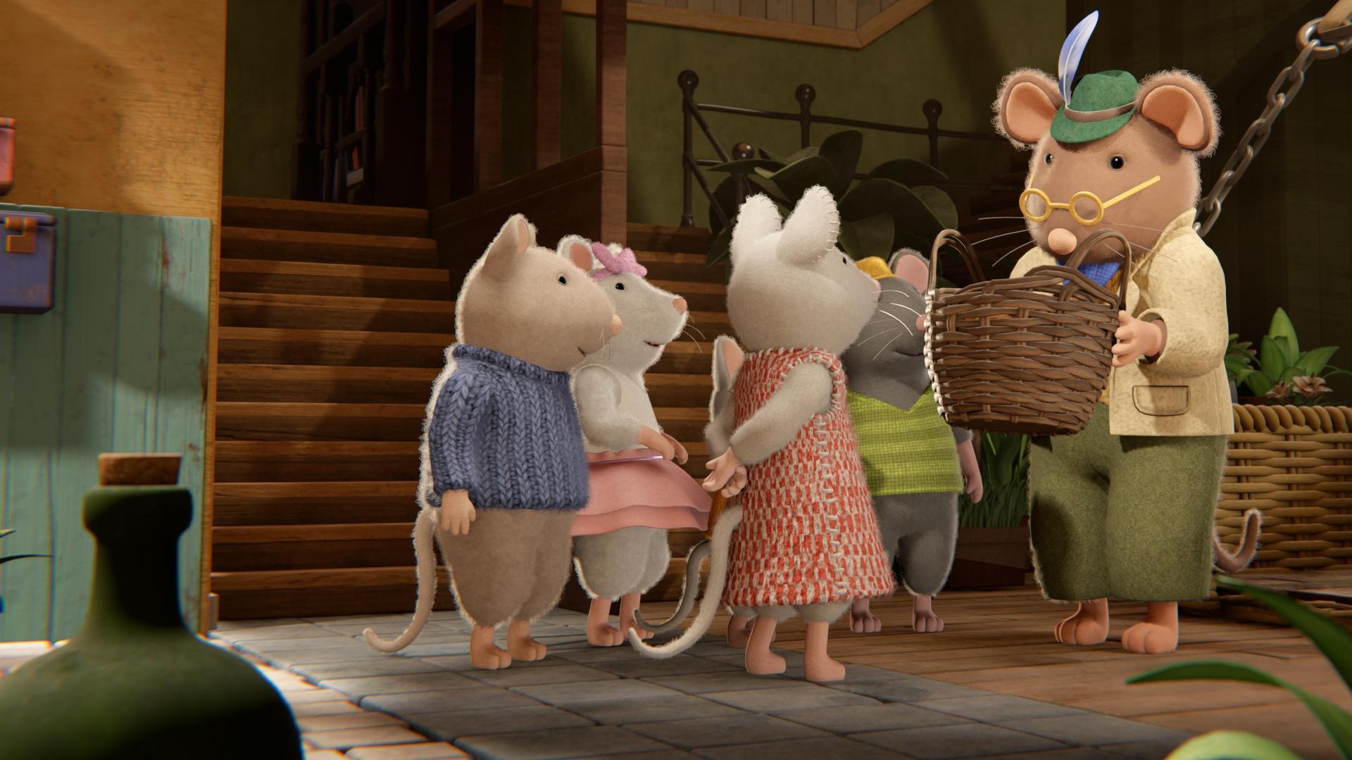 Im Eingangsbereich des Mäusehauses steht Herr Grummel mit einem geflochtenen Korb mit Käsesternen in den Händen und erklärt etwas. Um ihn herum stehen im Halbkreis Sam, Ella, Julia und Tonio und lauschen ihm aufmerksam.