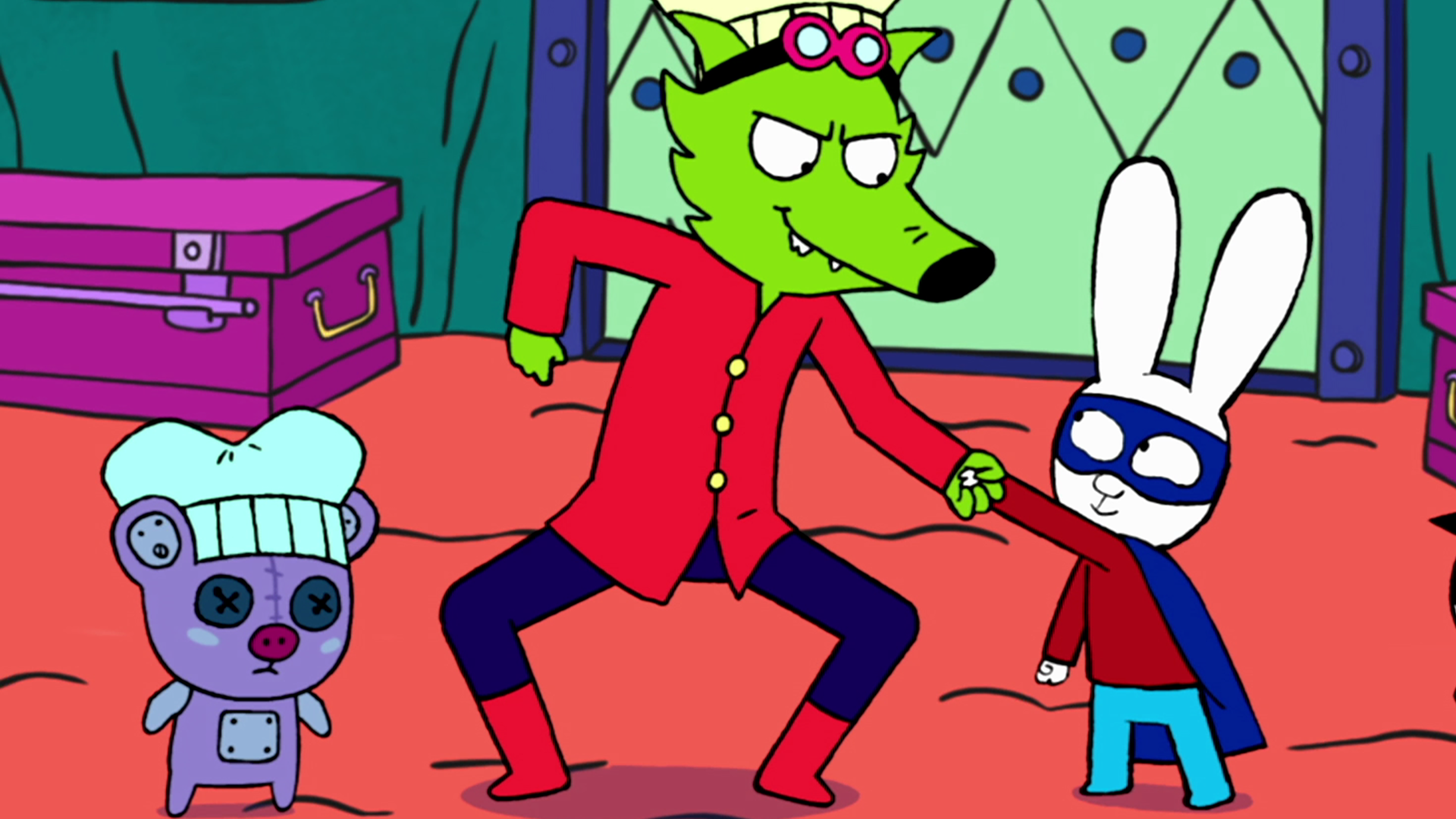 In der Geheimbasis von Professor Wolf schütteln sich Superhase und Professor Wolf die Hände. Professor Wolf grinst arglistig; Superhase schaut zuversichtlich zu ihm hoch. Captain Hase steht hinter Superhase und schaut Superhase selbstbewusst zu. Neben Professor Wolf steht der Roboter-Teddy Mega-Mini und trägt eine Kochmütze auf dem Kopf.