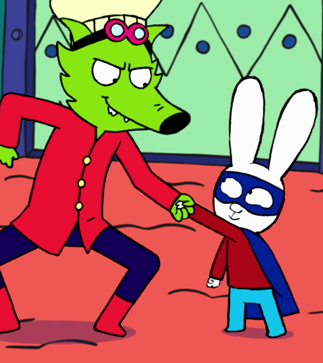 In der Geheimbasis von Professor Wolf schütteln sich Superhase und Professor Wolf die Hände. Professor Wolf grinst arglistig; Superhase schaut zuversichtlich zu ihm hoch. Captain Hase steht hinter Superhase und schaut Superhase selbstbewusst zu. Neben Professor Wolf steht der Roboter-Teddy Mega-Mini und trägt eine Kochmütze auf dem Kopf.