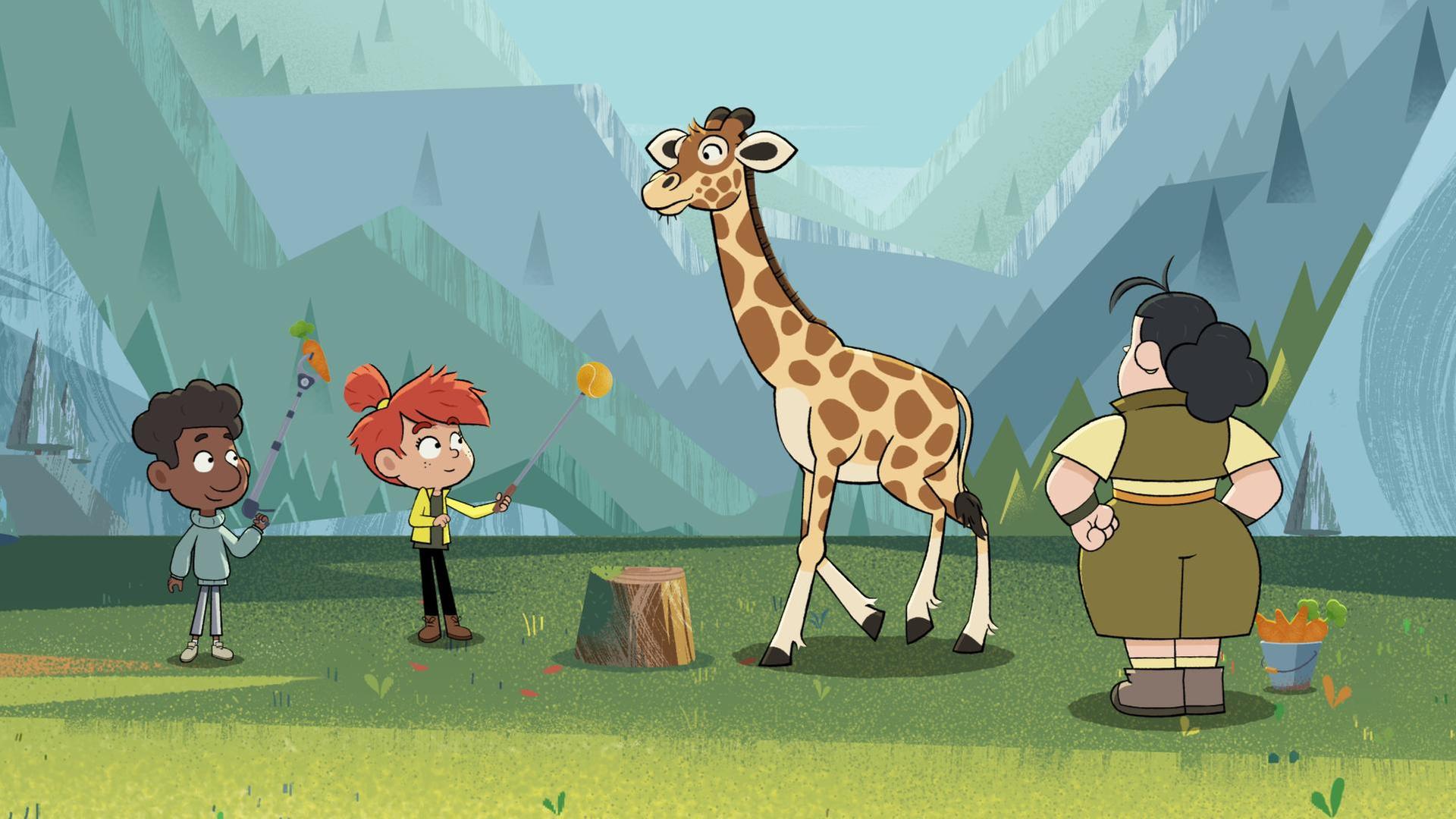 Taylor und Tommy stehen mit einem Trainingsstab in der Hand vor einer Giraffe. Ruth schaut ihnen zu.