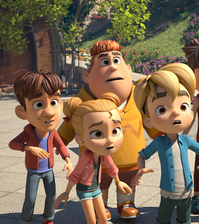 Im Dorf vor einer Treppe steht eine Gruppe Kinder ungläubig und fassungslos blickend einer Frau gegenüber, die einen Eimer mit rosa Farbe in den Händen hält und Rede und Antwort von den Kindern erwartet. Die Dorfbande und Maries Bande sehen alle gleichermaßen unschuldig und erstaunt aus.