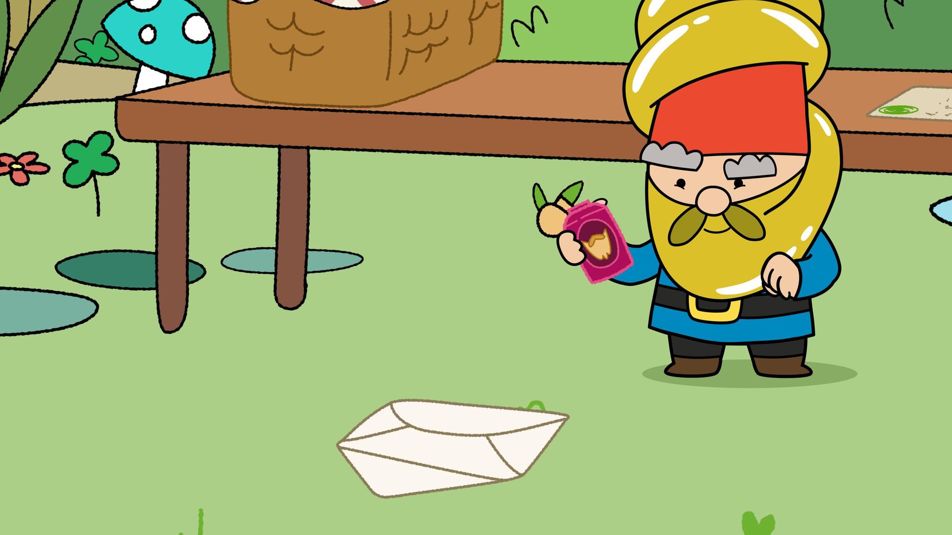 Auf einer Wiese steht Herbert mit einem langen goldenen Bart, der um seinen Zwergenhut gewickelt ist. Er hält ein Fläschchen in der Hand, und vor ihm liegt ein geöffneter Briefumschlag. Hinter ihm steht ein langer Holztisch mit einem Picknickkorb darauf.