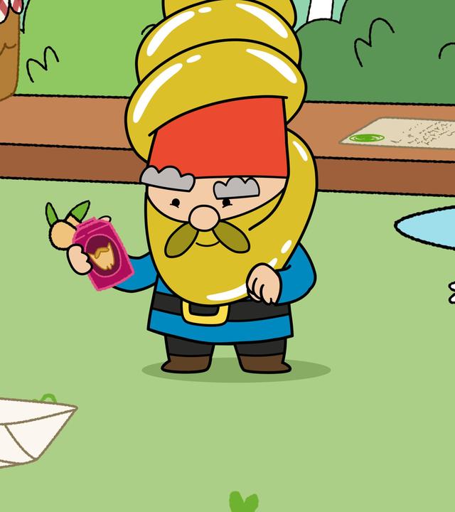 Auf einer Wiese steht Herbert mit einem langen goldenen Bart, der um seinen Zwergenhut gewickelt ist. Er hält ein Fläschchen in der Hand, und vor ihm liegt ein geöffneter Briefumschlag. Hinter ihm steht ein langer Holztisch mit einem Picknickkorb darauf.