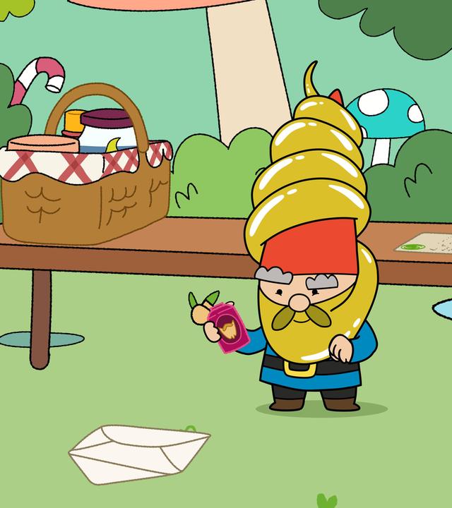 Auf einer Wiese steht Herbert mit einem langen goldenen Bart, der um seinen Zwergenhut gewickelt ist. Er hält ein Fläschchen in der Hand, und vor ihm liegt ein geöffneter Briefumschlag. Hinter ihm steht ein langer Holztisch mit einem Picknickkorb darauf.