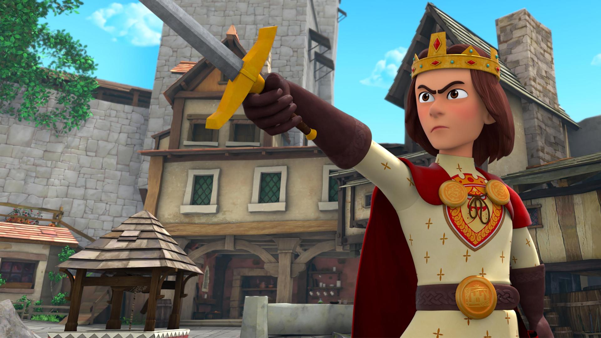  Im Burghof:  König Richard ist zum Kampf bereit, er hält sein Schwert mit entschlossenem Blick nach vorne.