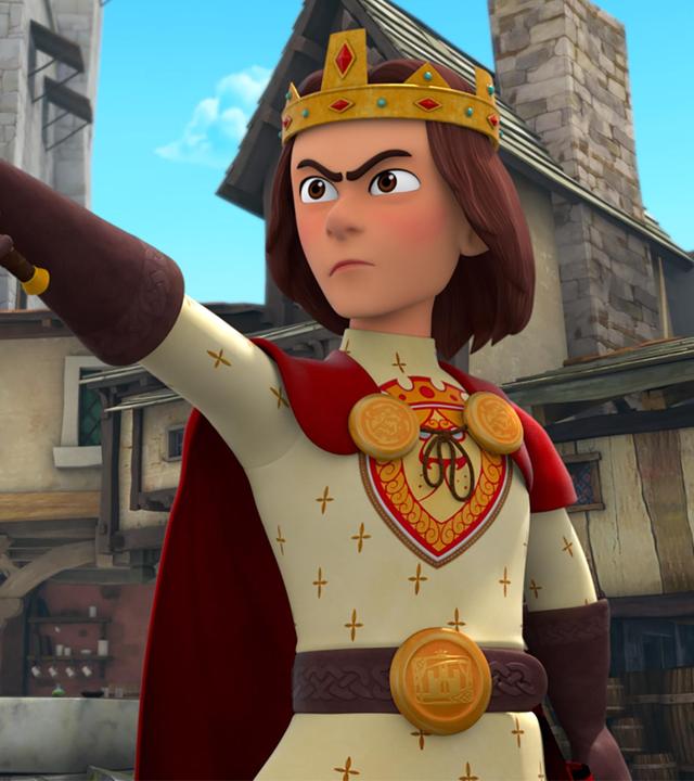  Im Burghof:  König Richard ist zum Kampf bereit, er hält sein Schwert mit entschlossenem Blick nach vorne.