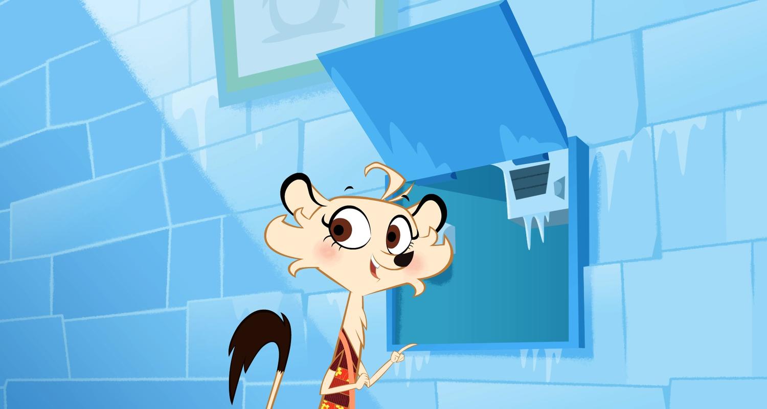 Hermione steht lächelnd vor einer Luke. Sie hat den Hebel gefunden, mit dem die Temperatur verstellt wurde. Mit dem Finger zeigt sie darauf. Um sie herum ist alles gefroren.