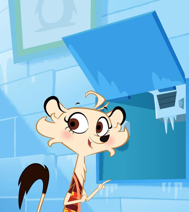 Hermione steht lächelnd vor einer Luke. Sie hat den Hebel gefunden, mit dem die Temperatur verstellt wurde. Mit dem Finger zeigt sie darauf. Um sie herum ist alles gefroren.